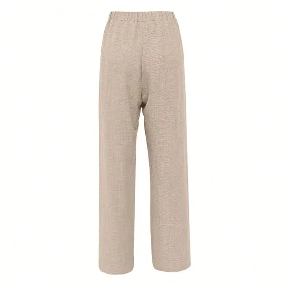 Khaki Casual Women's Side Lace Solid Denim Effect Long Pants - Picture 2 of 4